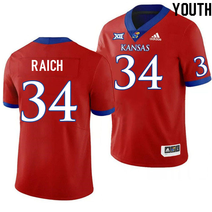 Youth #34 Alex Raich Kansas Jayhawks College Football Jerseys Stitched Sale-Red - Click Image to Close